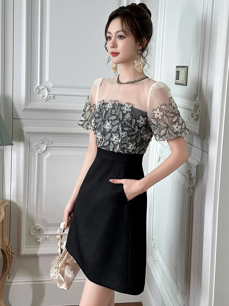 Vestido negro de estilo francés para Mujer, vestido corto Sexy de alta sociedad con empalme de encaje y bolsillo de malla transparente, Vestidos para fiesta y discoteca para Mujer