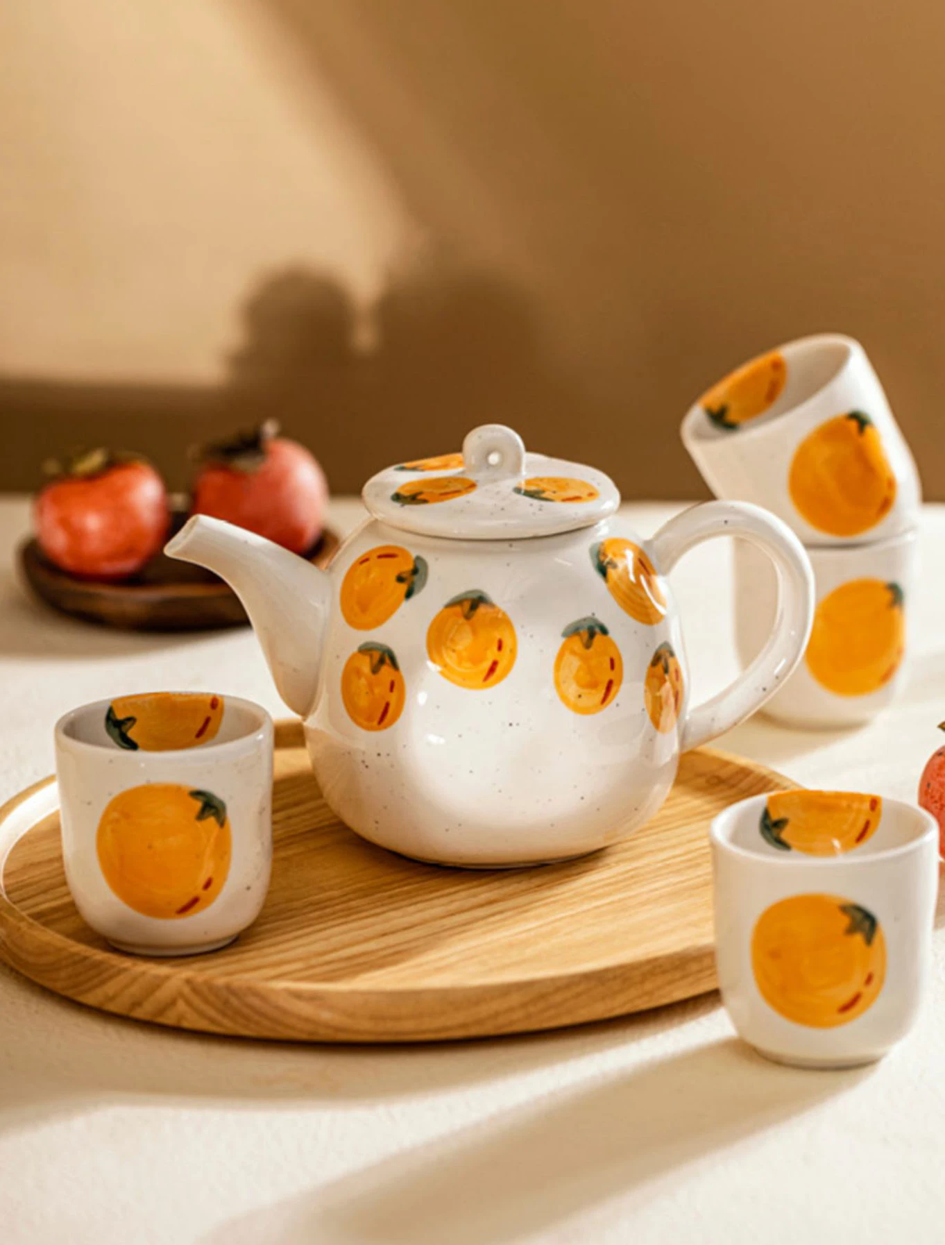 Hand Drawn Cute Fruit Pattern Ceramic Water Cup Hot Kettle Tea Brewing Ceramic Teapot Set Home Teacup Combination Tea Set