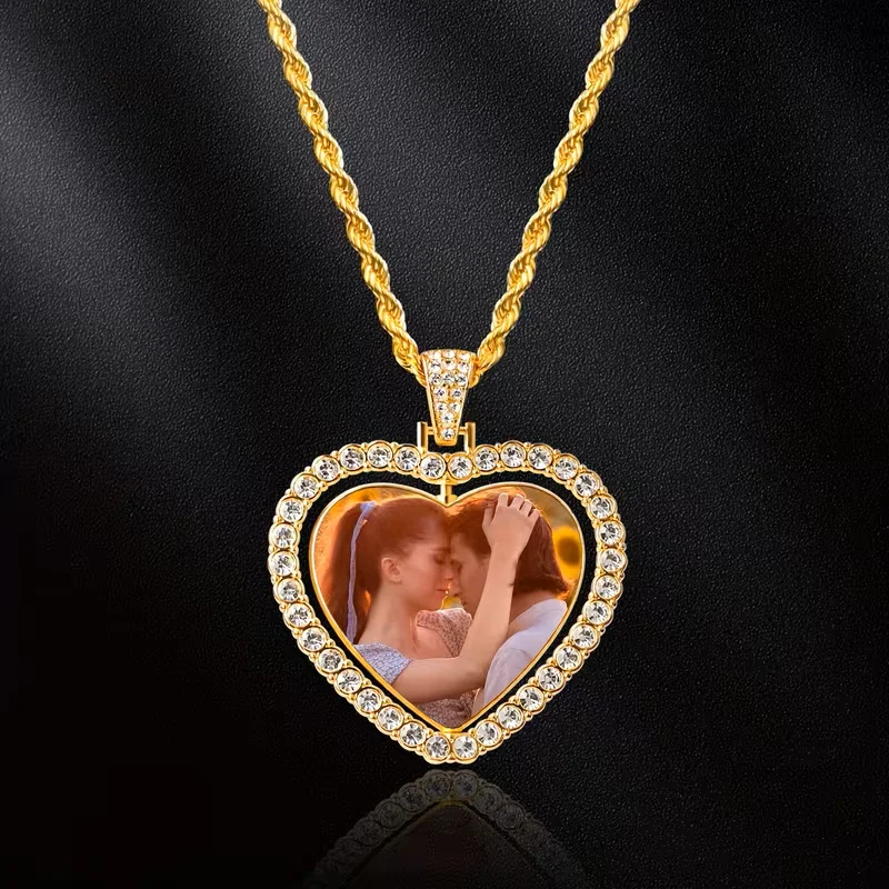 Photo Necklace, Personalized Custom Photo Heart-Shaped Pendant Necklace, Custom 360° Rotating Photo Necklace