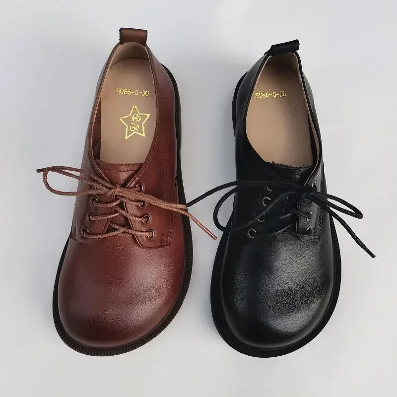 2024 Spring British Style Big Wide Shoes Genuine Leather Lace Up Natural Leather Shoes Soft Cowhide Single Shoes for Women