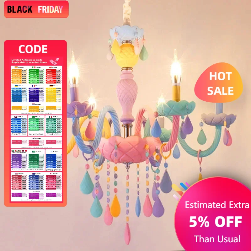 European Candle Lamp Colorful Crystal Chandelier Decoration Living Room Girl Princess Bedroom Macaron Pendant Light