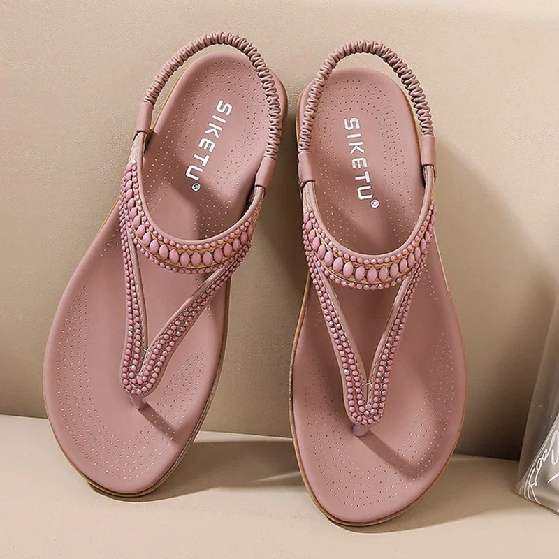 Summer Women 2cm Platform 3.5cm High Heels Sandals Lady Bling Elastic String Bead Pink High Heels Female Fashion Barefoot Shoes