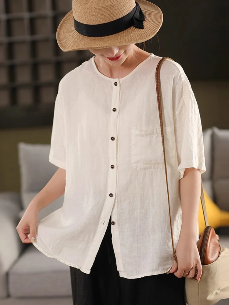 100% 린넨 여성 캐주얼 셔츠 신상 2025 여름 빈티지 스타일 O넥 단색 루즈핏 여성 반팔 탑 셔츠 T677