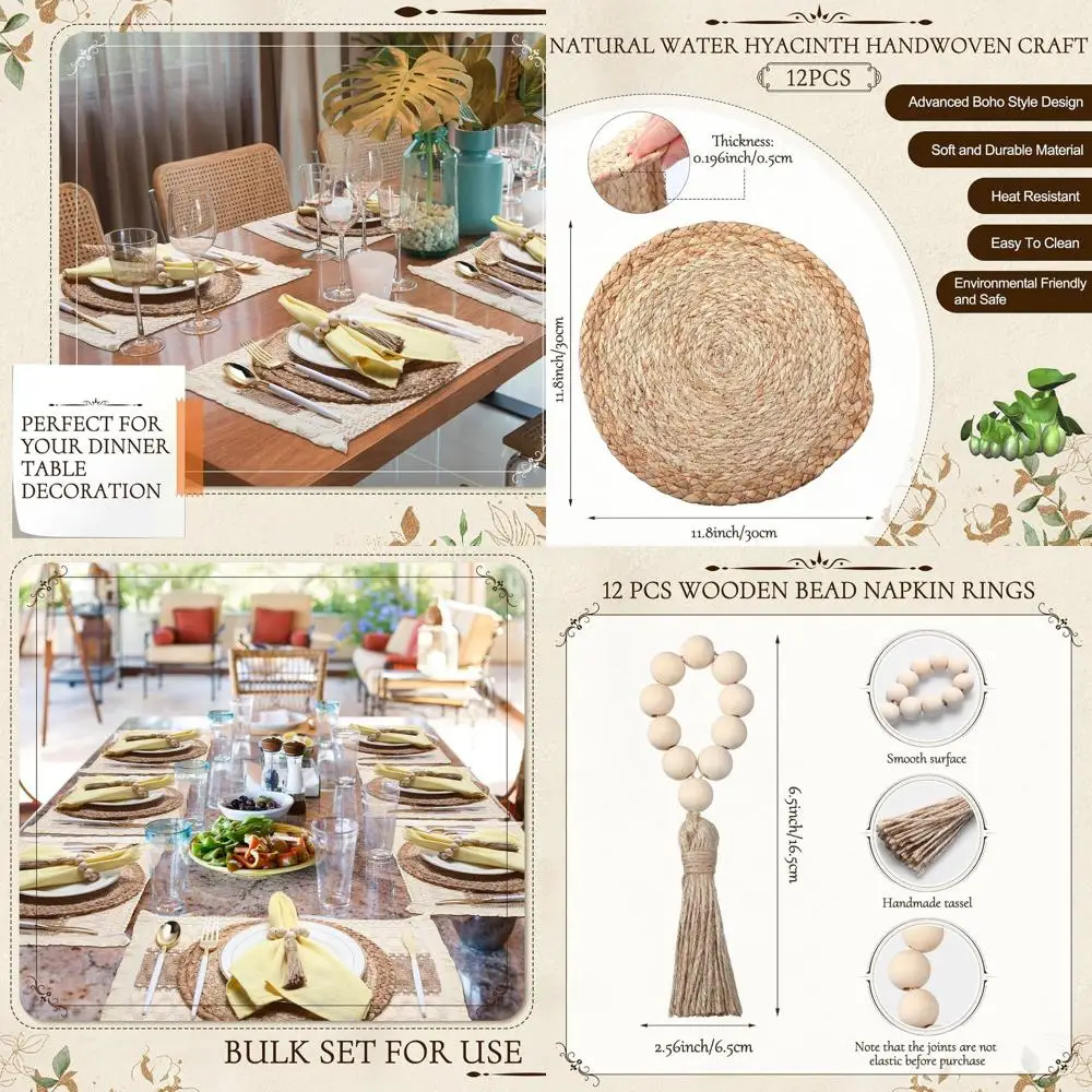 

Набор из 12 (36 шт.) хлопковых джутовых салфеток в деревенском стиле, плетеные коврики с кисточками на весеннюю тематику, идеально подходят для декора в стиле бохо и специальных мероприятий