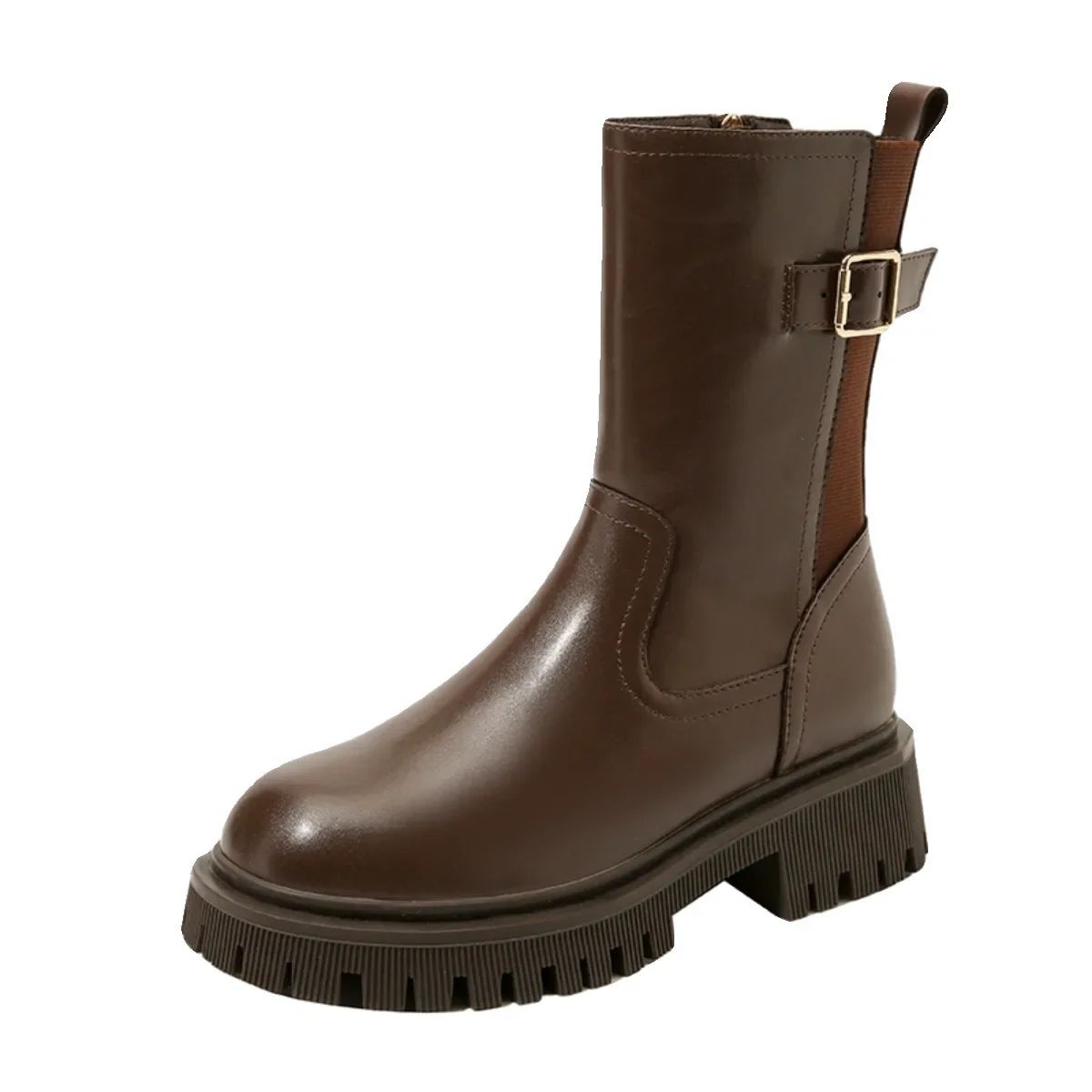 Botas de tornozelo femininas chiques com sola grossa e fivela de metal inverno 2024 nova chegada estilo europeu botas curtas com parte superior de borracha