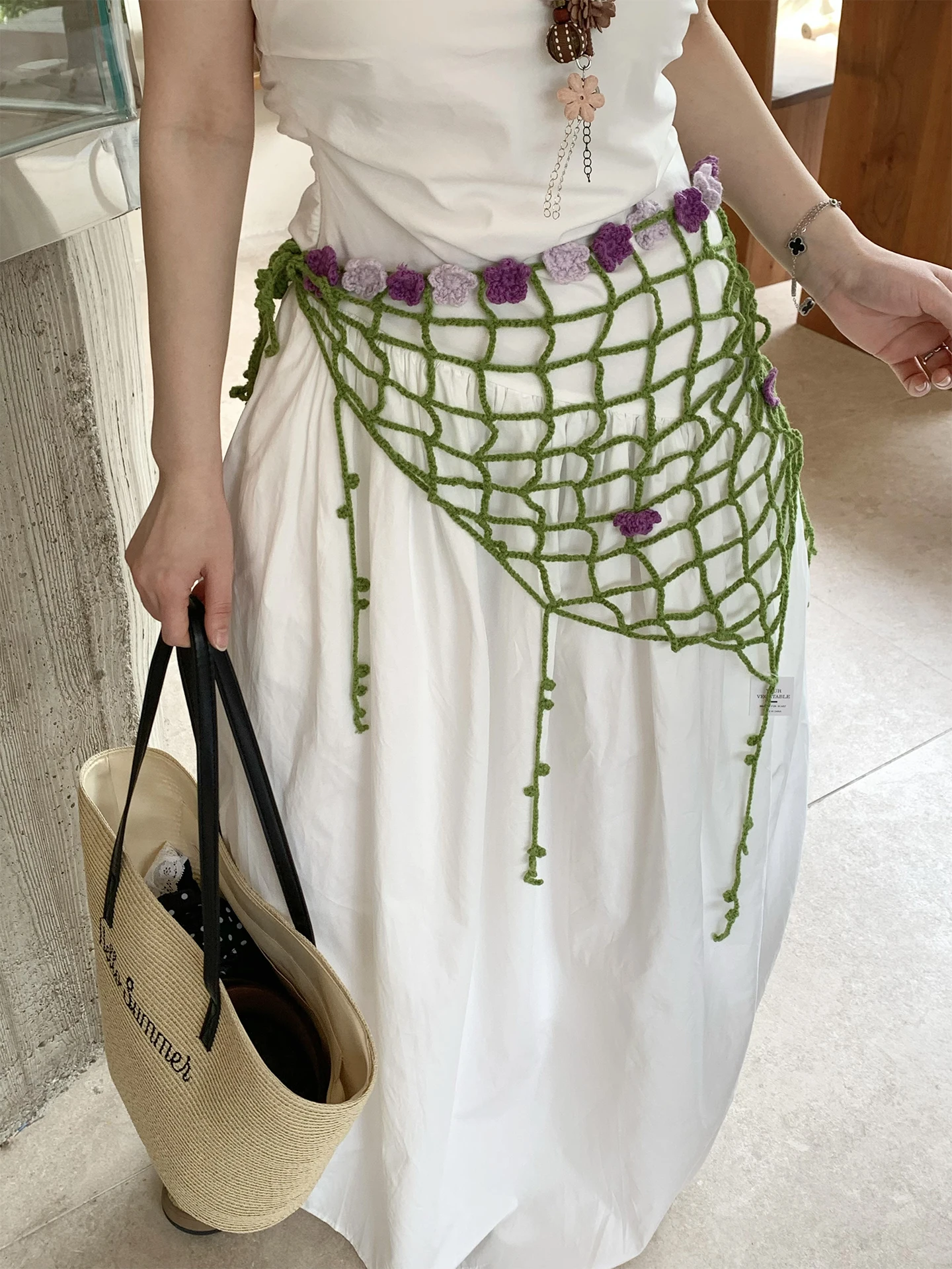 Korean Style Hollow out Knitted  Scarf Women's Spring Summer Skirt Accessory Belt Loop Hollow Flower Design Hanging C...