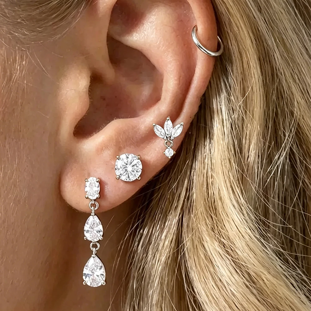 4PCS Fashion Stainless Steel Zircon Unique Small Hoop Earrings Set for Women 14K Gold Plated Flowers Ear Stud Earring Jewelry