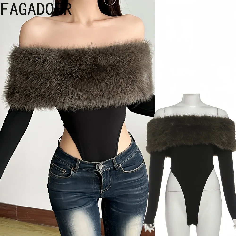 

FAGADOER Sexy Fur Patchwork Bodycon Playsuits for Woman Off Showlder Hollow-out Long Sleeves Rompers Female Streetwear Overalls