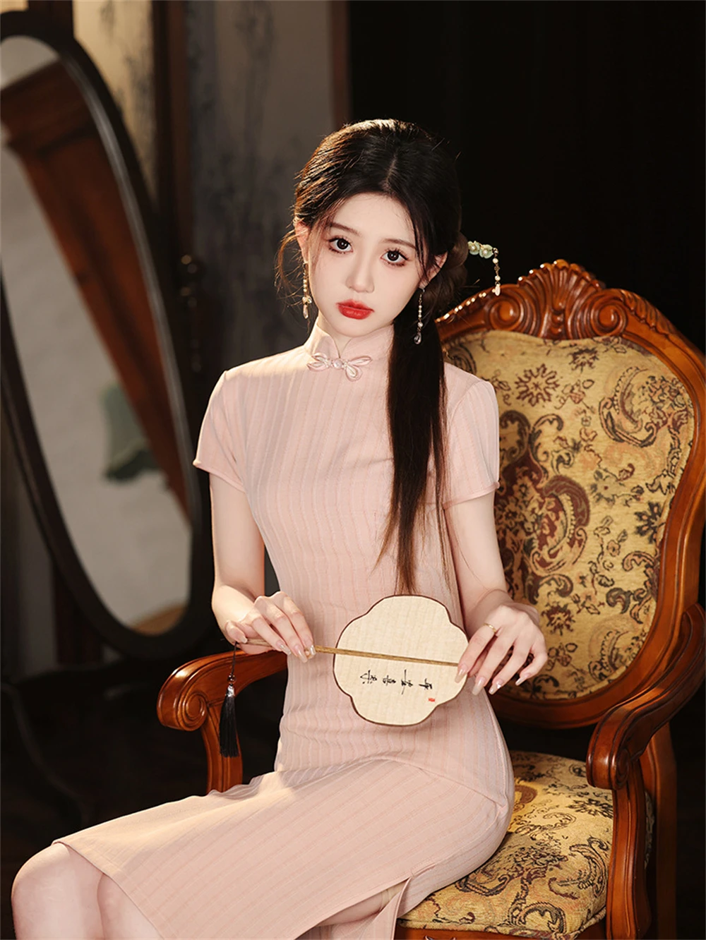 Summer New National Style Elegant Temperament Qipao Female Short-sleeved Striped Improved Mid-length Cheongsam Dress Chinoise