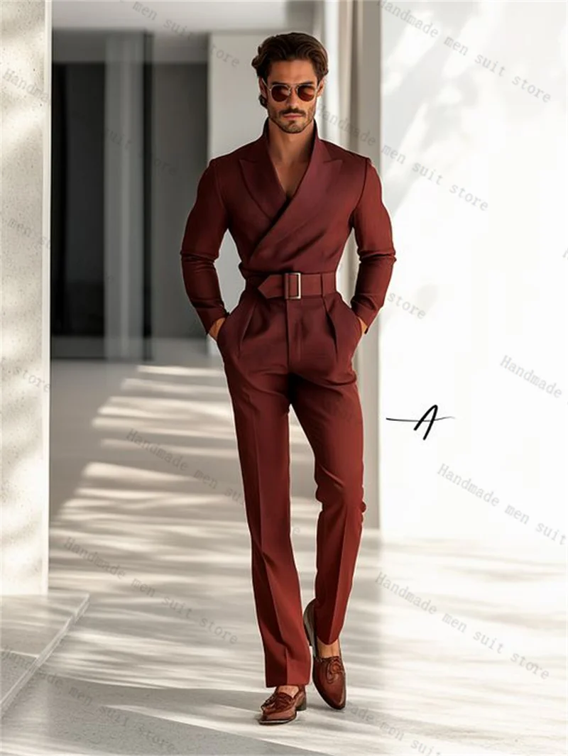 

Brown Men Suit Set 2 Piece Short Blazer+Belt Pants Wedding Tuxedos Guest Coat Cotton Customized Formal Office Business Jacket