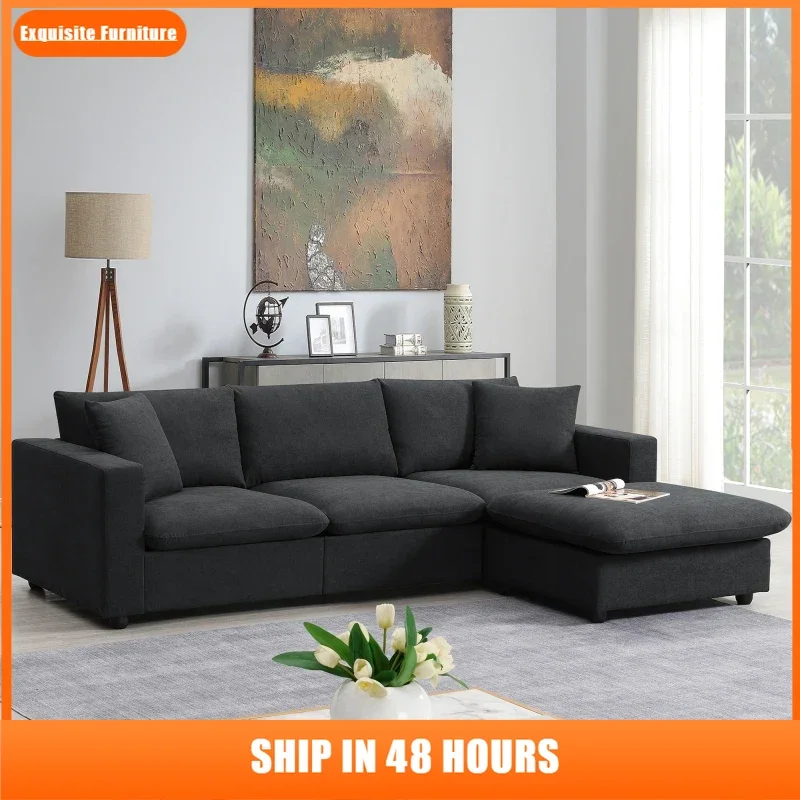 

Modern Sectional Sofa With Throw Pillows Cloud L-Shaped Sofas Wide 4 Seat Comfy Fabric Couch Set Movable Ottoman for Living Room