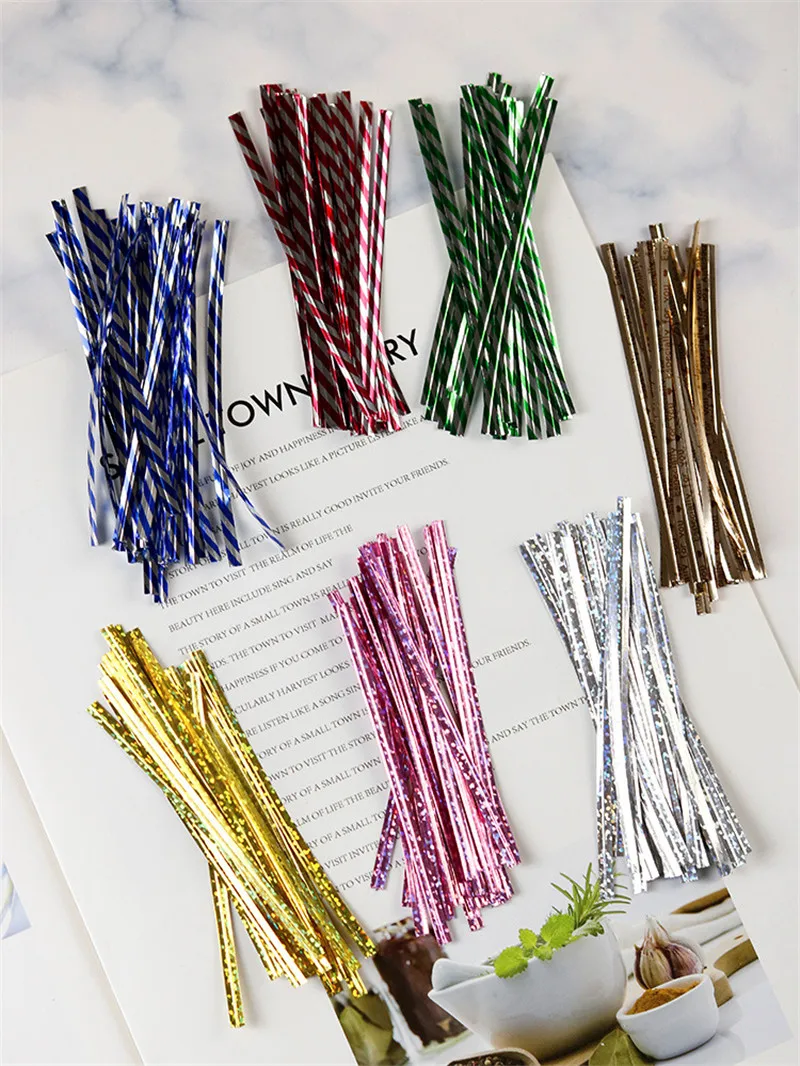 500 Stück 10cm Laser-Draht Metallische Drehverschlüsse DIY Backwaren-Verpackung Lollipop Dessert Süßigkeiten Verschluss Geschenktüten-Deko – Detail 2