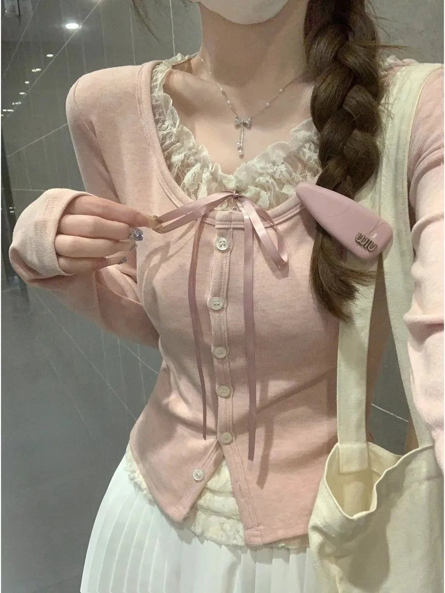 Korean Style Pure Desire Lace Splice Knot Fake Two-Piece Single Button Long Sleeve T-Shirt Women Spring Autumn New Top Ins