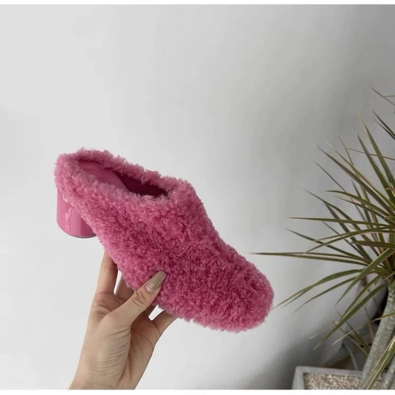 Winter New Round Head Flat Non-slip and Cashmere Slippers Solid Color Simple Fashion Comfortable Thick High Heels Slippers