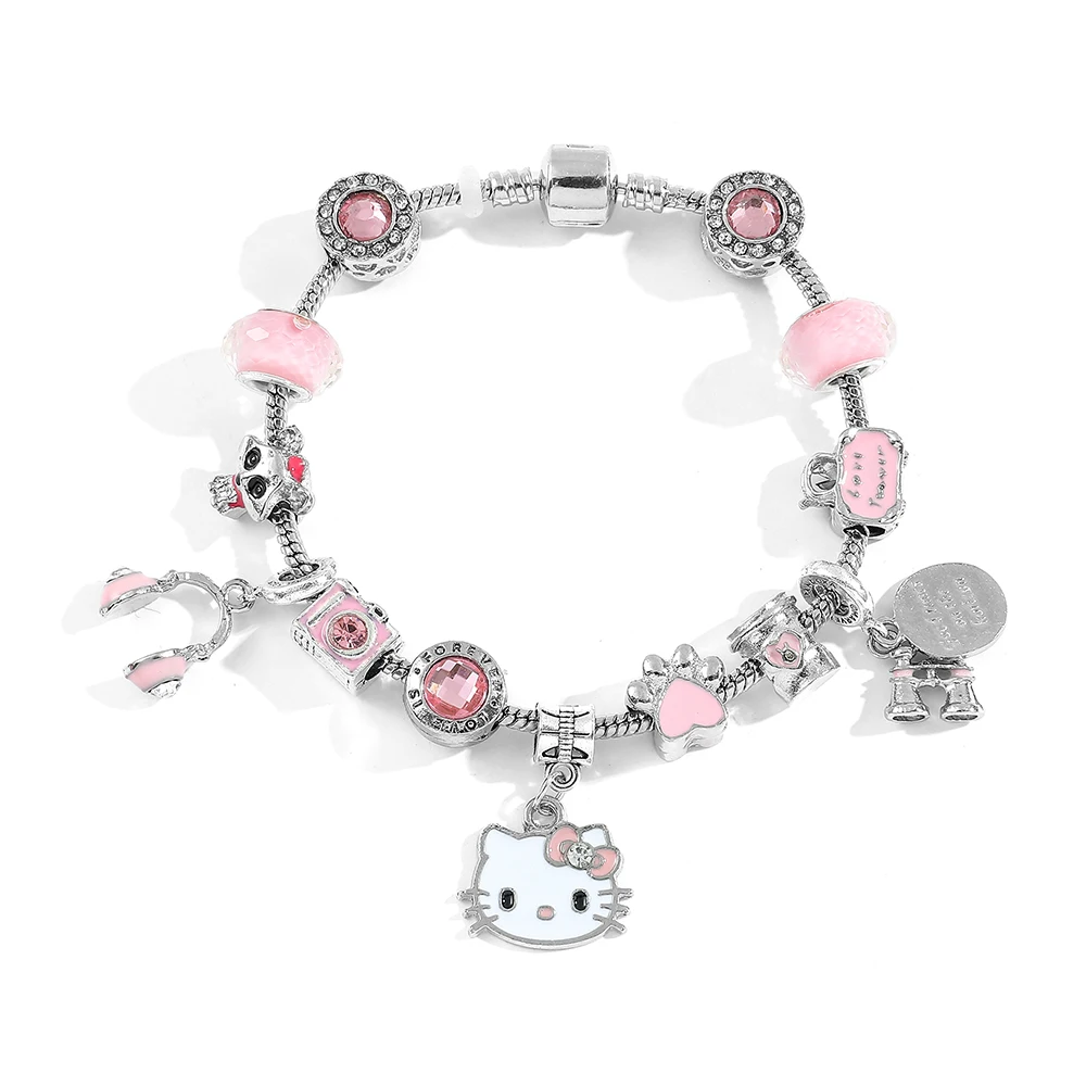 Sanrio Hello Kitty Crystal Beads Bracelet Pink Cat Claws Pendant Fashion Y2K Bangle for Women DIY Jewelry Hand Accessories