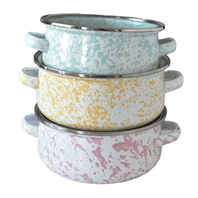 Vintage Enamel Cast Iron Soup Pot in Pink with Ink Splatter – Perfect for Dorm Room Noodles or Home Stews on An Induction or Gas