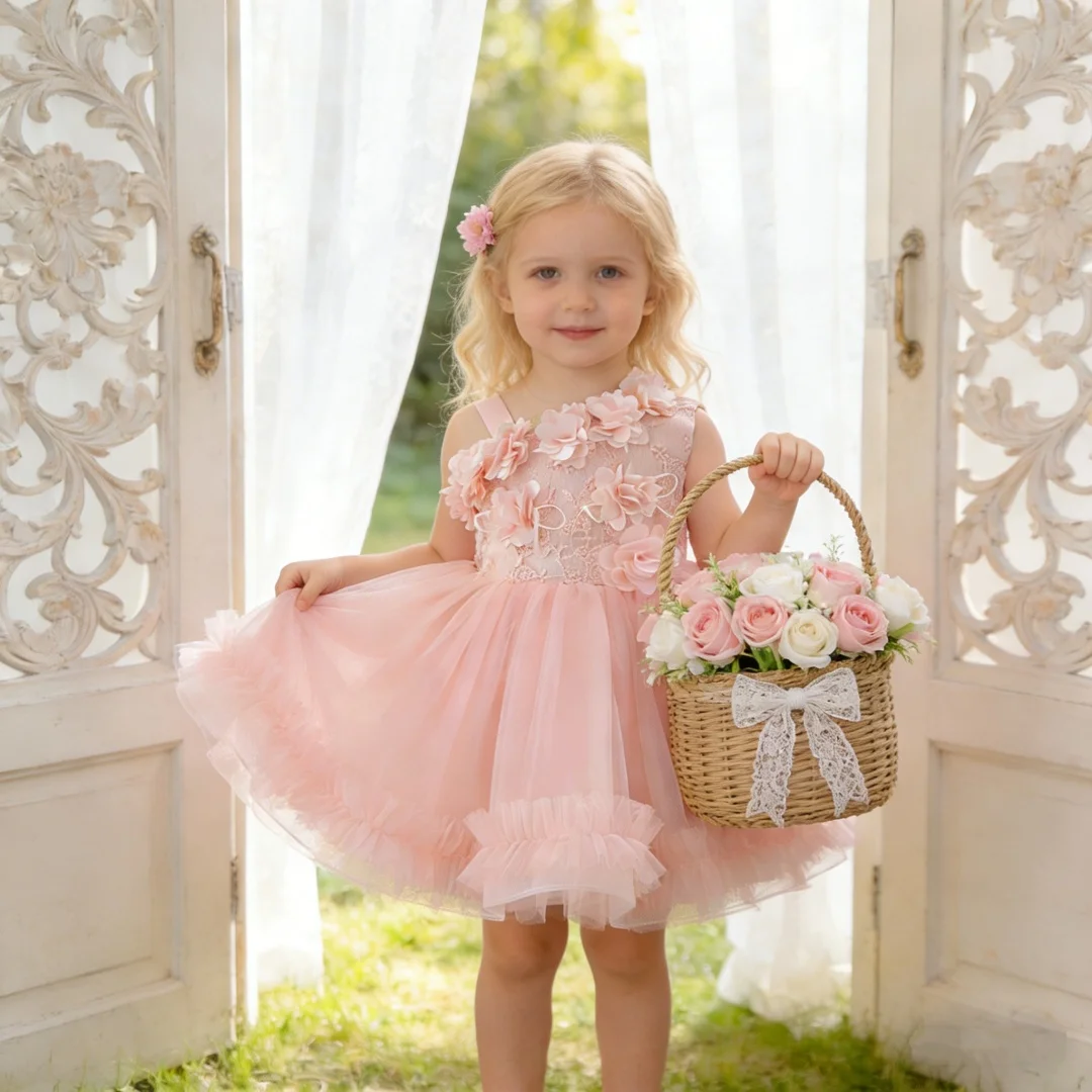 Rosa geblümtes Kleid für Mädchen, süßes Kleid, Geburtstagsgeschenk, Trägerkleid, Tutu-Kleid