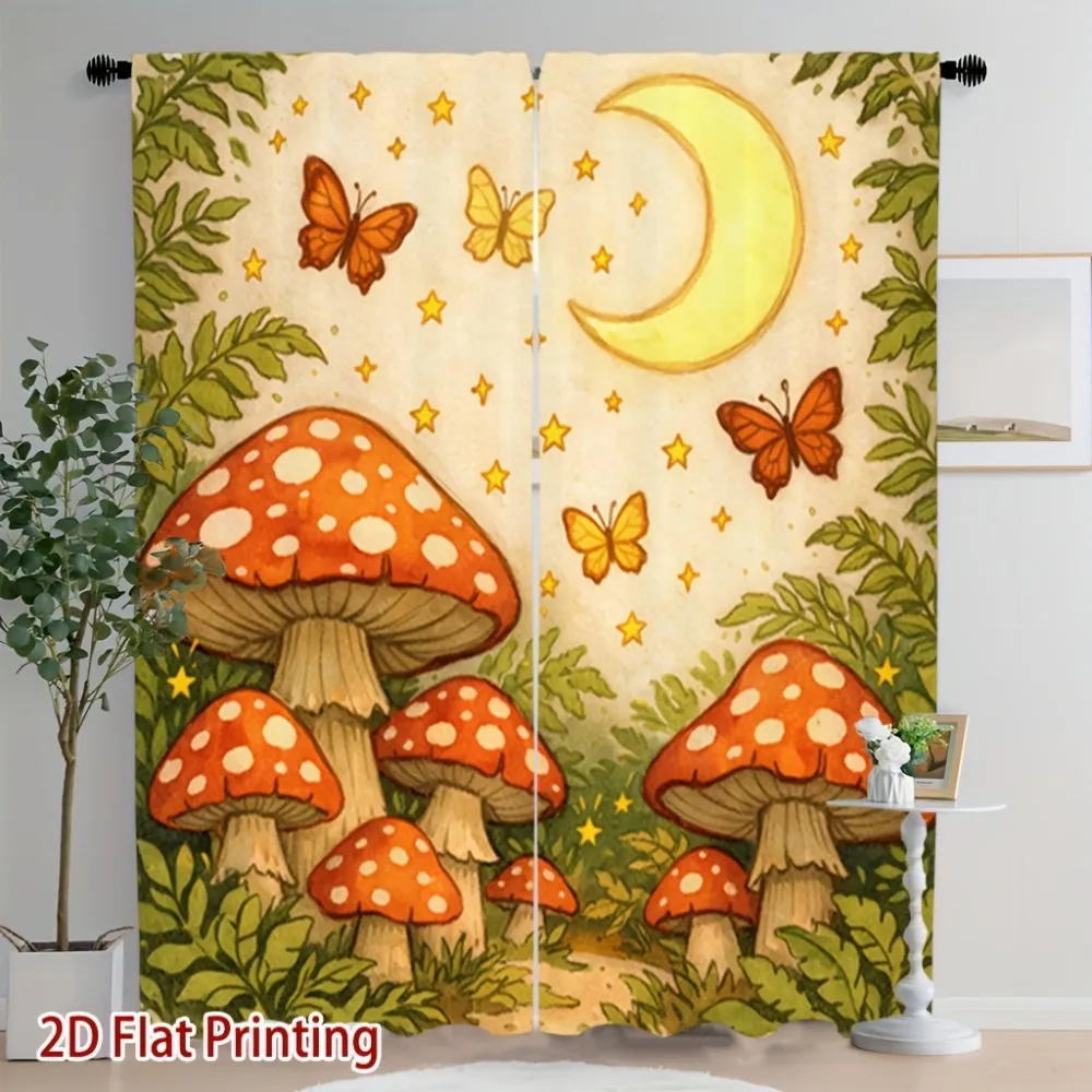 2PCS Cartoon Curtains, Mushroom Moon Butterfly, Digital Print, Bedroom Living Room, Office, Kitchen, Holiday Decoration