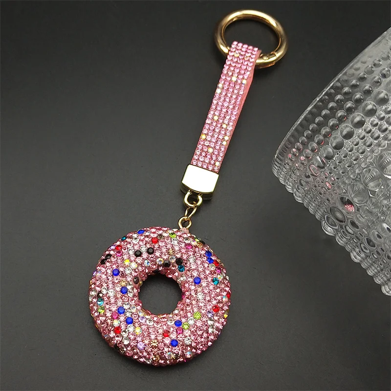 Sweet Pink Doughnut Keyring Women Men Full Rhinestone Crystal Blingbling Bag Charms Dessert Food Keyholder Jewelry Accessory