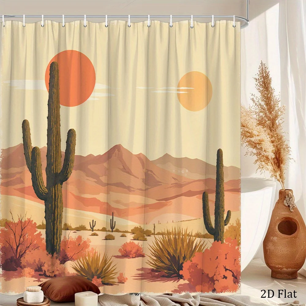 Desert Landscape Shower Curtain Mid-Century Cactus and Sunset Print Polyester Bath Curtain with 12 Hooks for Boho Decor
