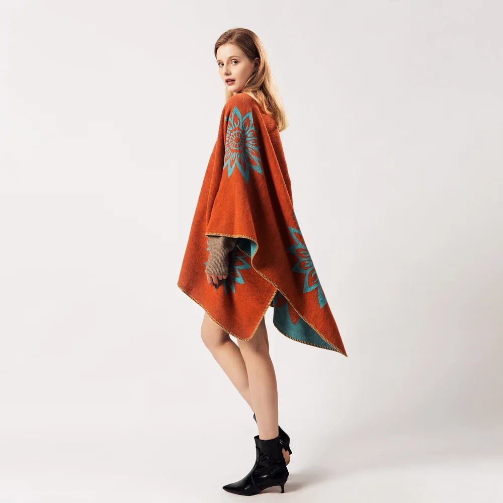 Women's Autumn Winter Scarf Shawl Dual-purpose Travel Warm Double-sided Imitation Cashmere Flower Cloak Ponchos Capes 2