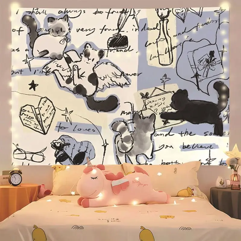 VIKAMA Graffiti Cat Tapestry Hand Painted Wall Hanging Ins Style Bedroom Dorm Washable Polyester Backdrop
