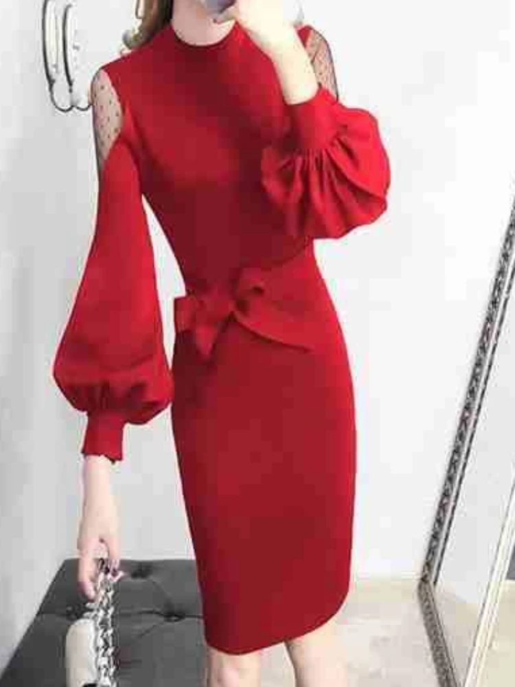 Woman Dress Midi Dresses for Women Cover Up Clothes Turtleneck Crochet Knee Length Solid Sexy Daring Over The Shoulder Knitted