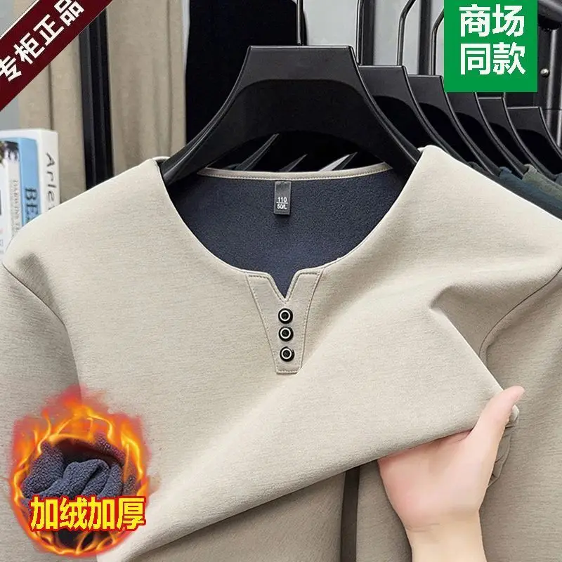 Men Autumn Winter Fleece Lined Long Sleeve T Shirt Solid Color V Notch Button Decor Warm Casual Daily Tops