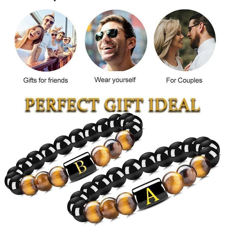 OUYADI 10PCS Natural Tiger‑Eye Stone Initial Letter Bracelet 26 Alphabet Option Unisex Elastic Beaded Wrist Jewelry Holiday Gift
