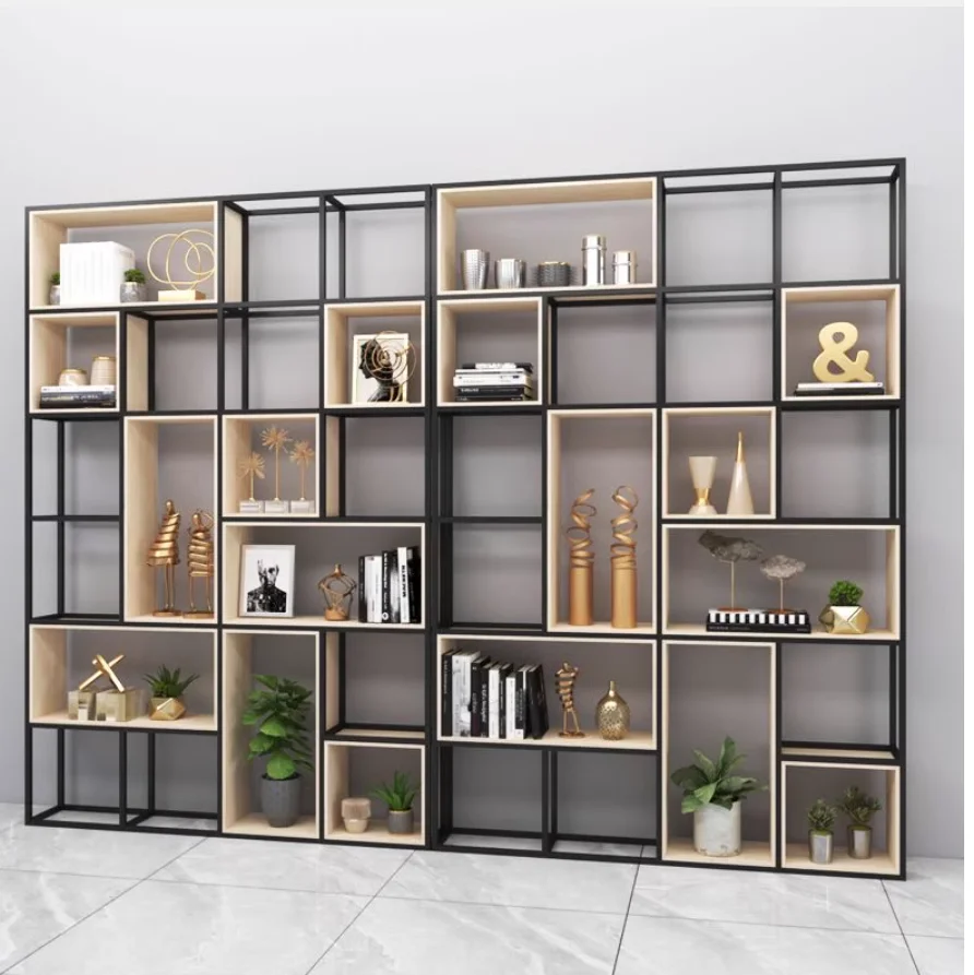 Iron bookshelf floor steel wood living room multi-layer storage grid shelf office partition flower shelf display shelf