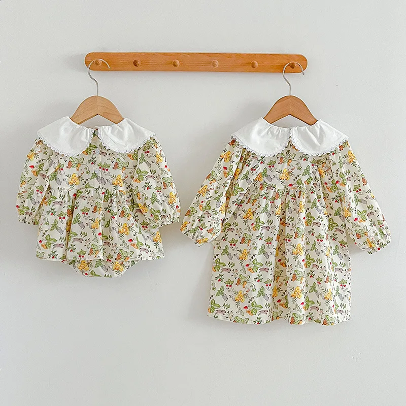 

insAutumn Korean Children's Clothing Baby Floral Romper Girl Baby Lace Doll Collar Girl Dress Sister Outfit