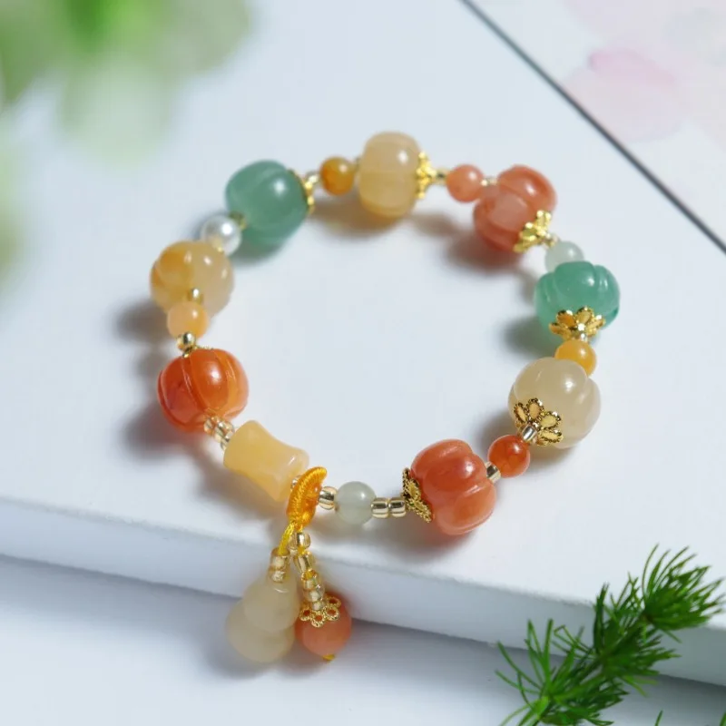 Natural Gold Silk Jade Pumpkin Bead Bracelet, Colorful Jade Bracelet, Transshipment Bamboo Women