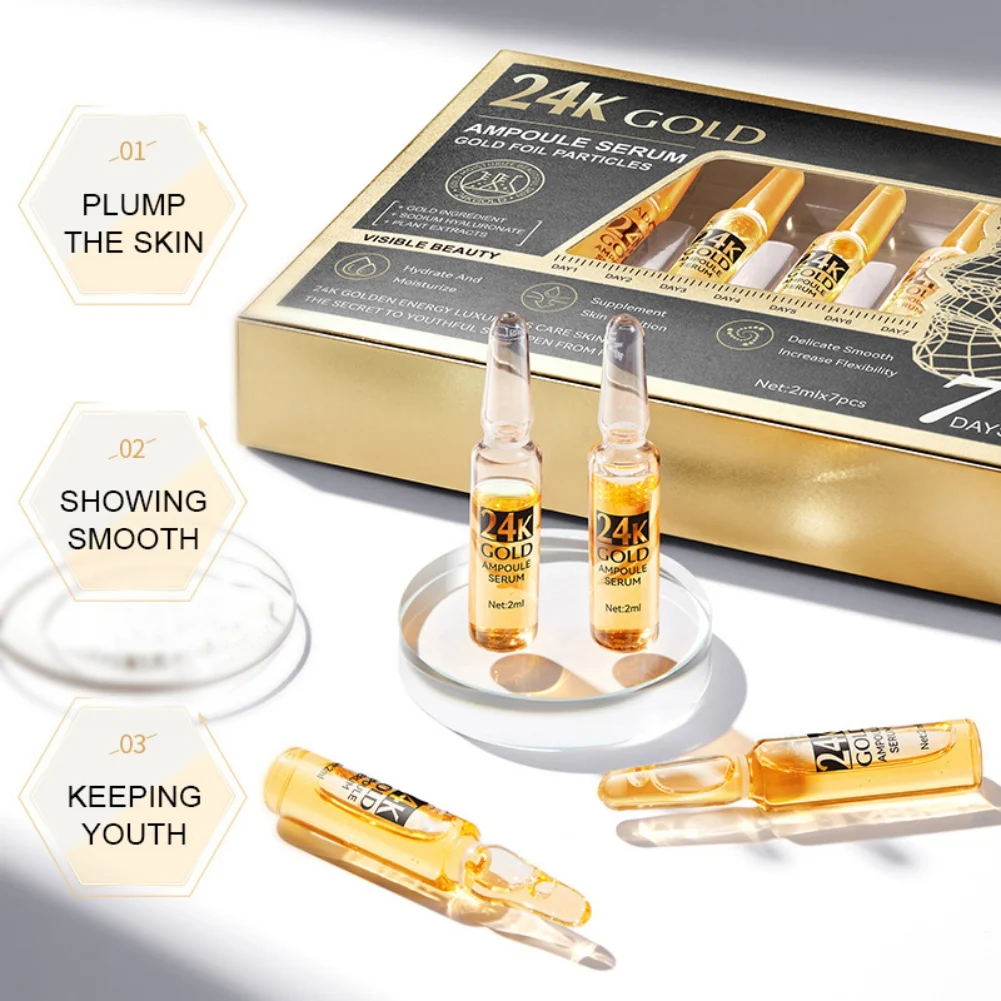 2ml×7pcs 24K VC Hyaluronic Acid Ampoule Serum Anti-Aging Serum Concealer Skin Care Lotion BB Whitening Essence