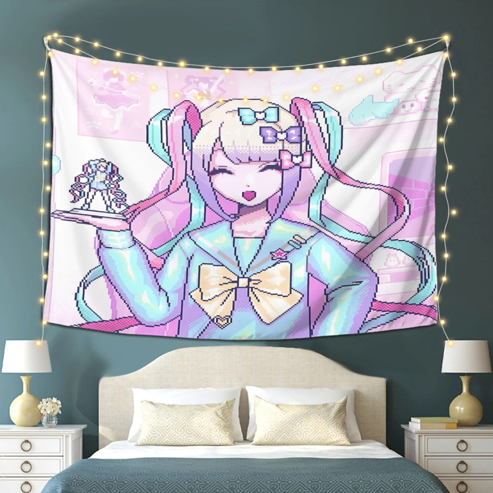 قطعة واحدة من نسيج K-AN-G-EL Nso Peach Light Beige - معلق على الحائط بنمط الرسوم المتحركة النابضة بالحياة مع شخصية شعر وردية، تصميم أزرق وأرجواني،