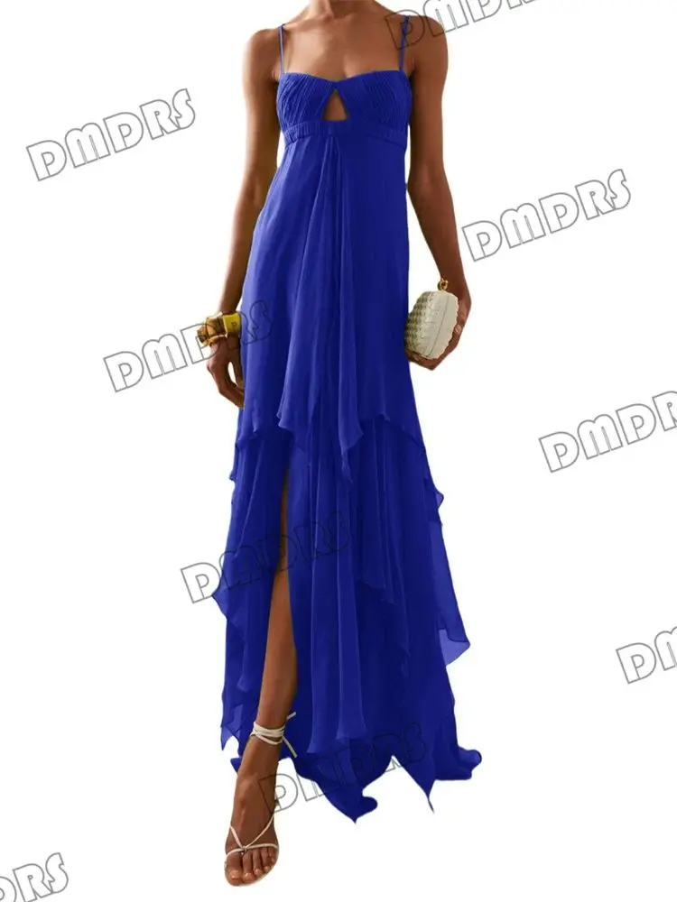 จีบชีฟองยาวชุดผู้หญิงสปาเก็ตตี้สายรัดสูงต่ํา Flowy ชุดอย่างเป็นทางการสําหรับค็อกเทล,ชุดราตรี,วันเกิด,พรหม