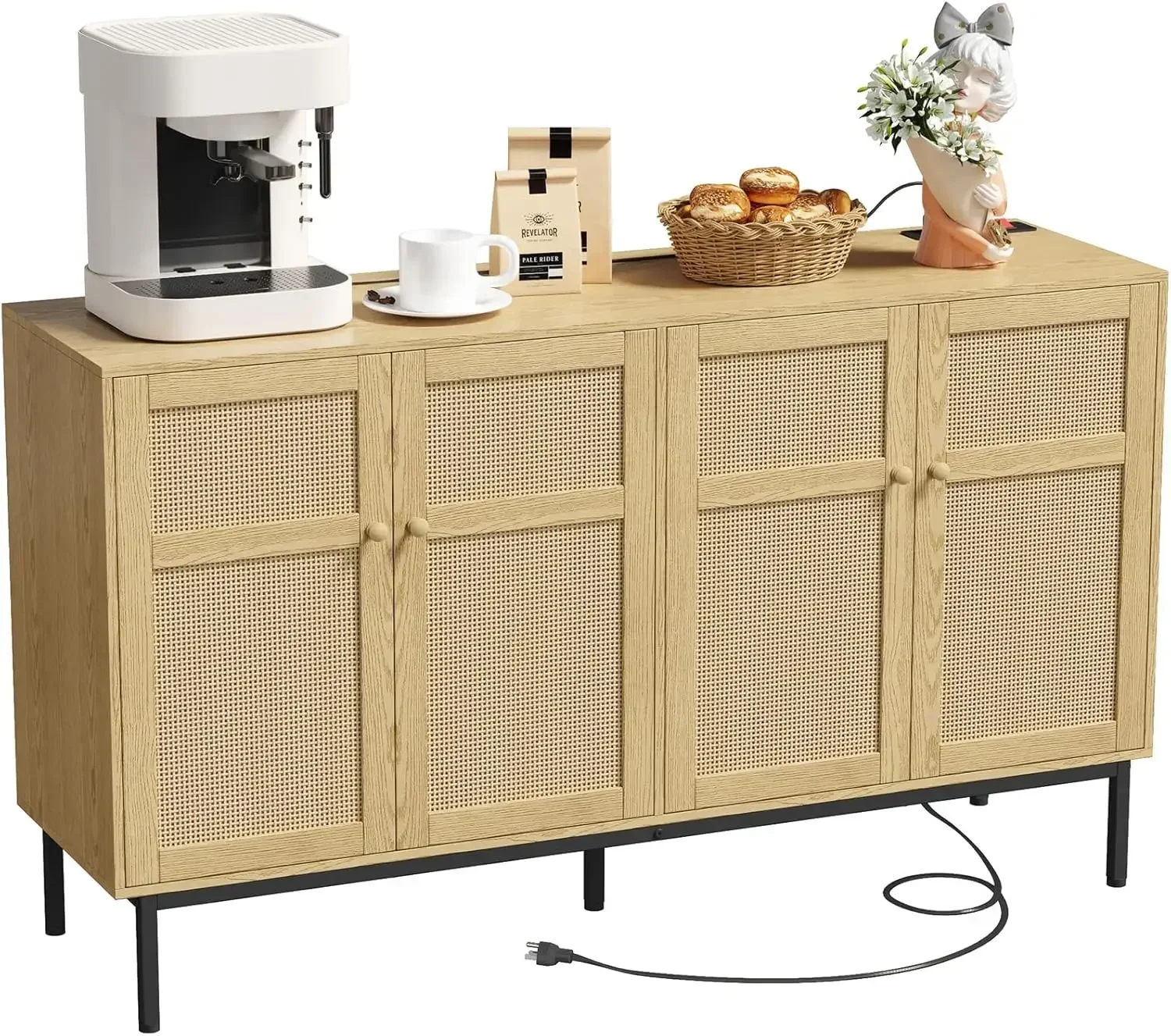 Rattan Sideboard Buffet Cabinet,Console Table with Power Outlet, Credenza, Storage Cabinet, Coffee Bar Cabinet, 4 Doors, Natural