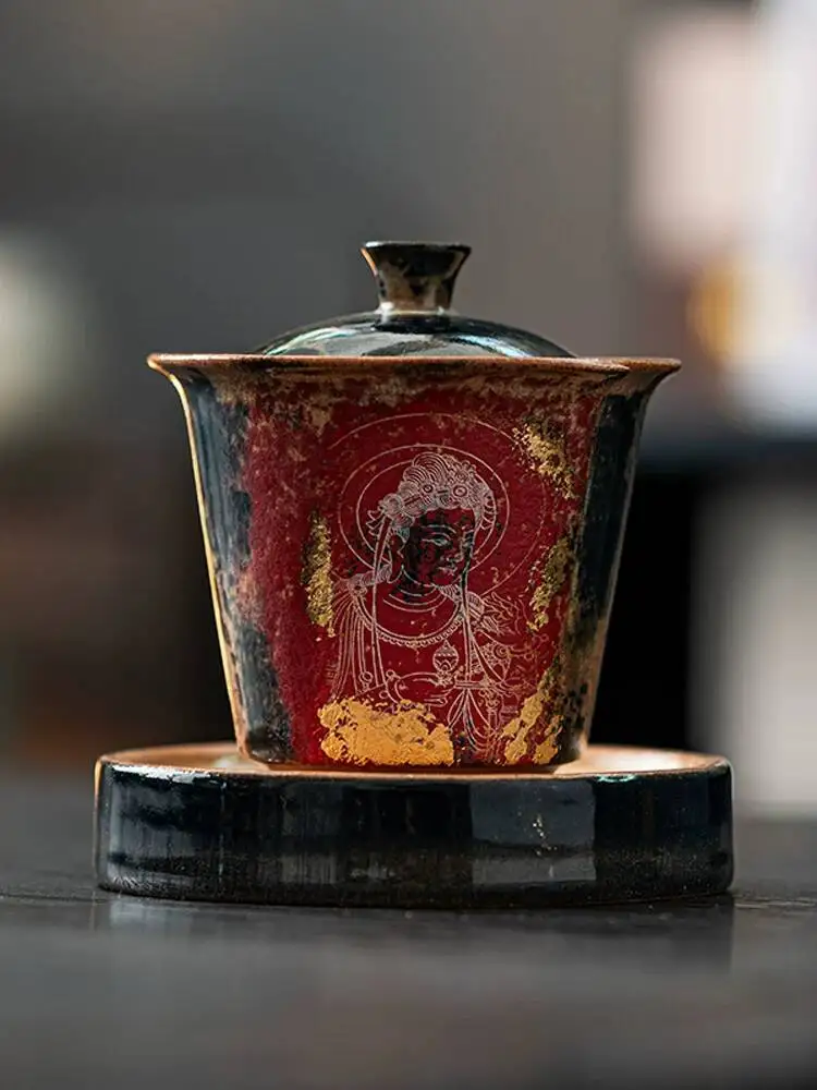 Ancient Language Dunhuang Series Cultural And Creative Ceramic Gifts: Hand-Painted Openwork Lid Home Use, Gilded Tea Bowl For