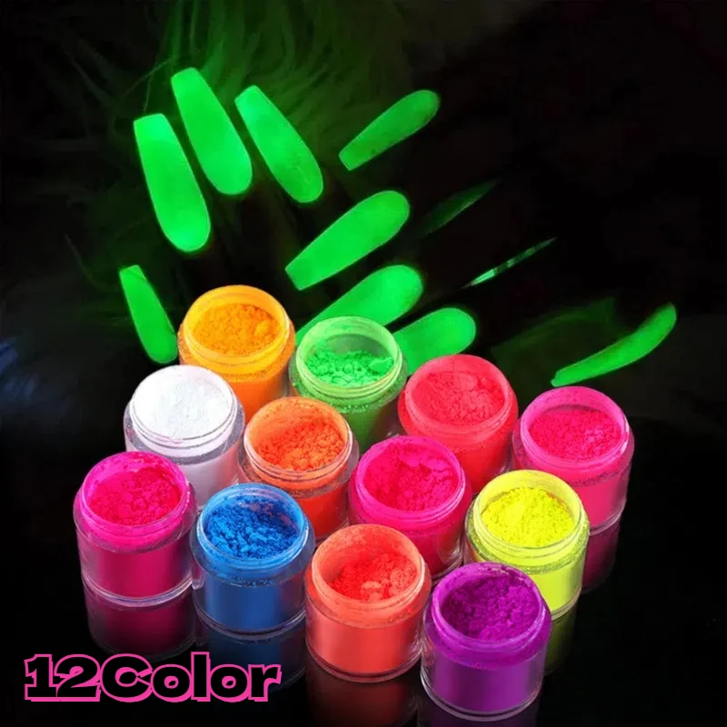 

12 Colors Pigment Nail Powder Kit Colorful Fluorescent Nails Pigments Dust Ultrafine Luminous Iridescent Glitter for Halloween