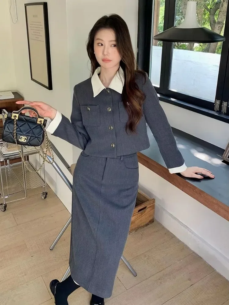 Insozkdg Autumn New Elegant Socialite High-Class Contrast Collar Jacket + High-Waisted Slimming Skirt Two-Piece Set High Quality