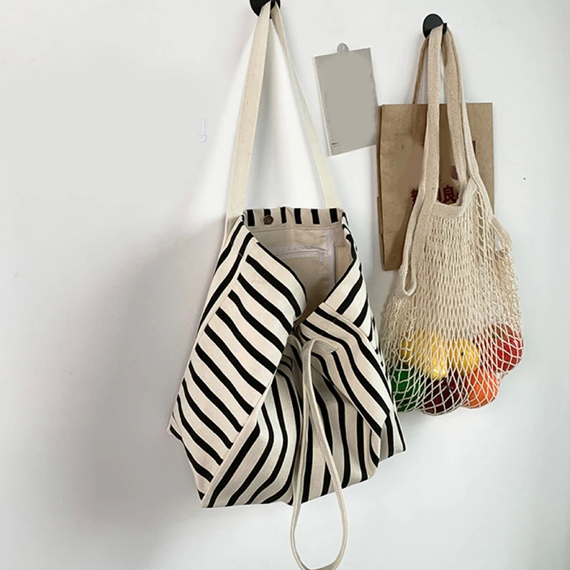 New Beach Tote Bag Fashion Women Canvas Summer Large Capacity Striped Shoulder Bag Tote Handbag Shopping Shoulder Bags ﻿