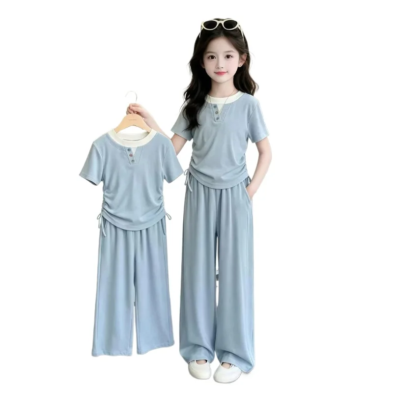Summer Teenage Girls Clothes Set Children O-Neck Tshirt and Casual Wide-Leg Pants Suit Student Short Sleeve Top Bottom Outfits 6