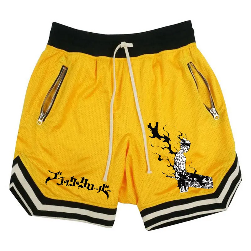 Anime Gym Shorts Men Workout Mesh Quick-drying Basketball Shorts Breathable Summer Black Clover Print Training Short Pants