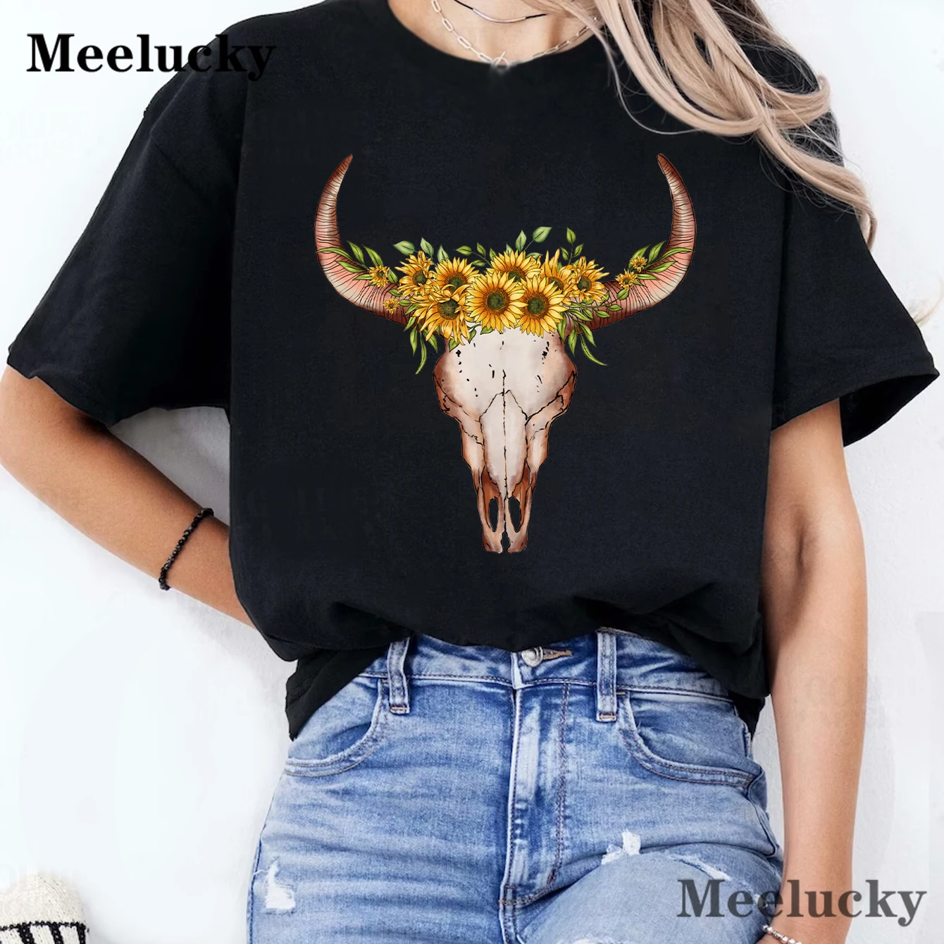 Sunflower Boho Skull Maycaur Women's T-shirt Casual Sunflower Pattern Print Tshirt Comfortable Casual Women's Clothing Top