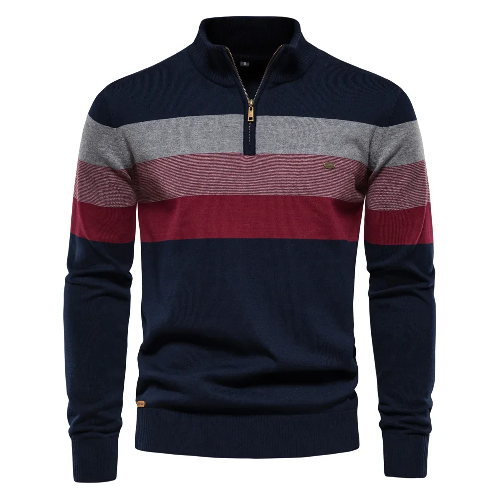 

2025 Men's Half High Collar Pullover High Quality Elasticity Color Blocking Casual Fashion Sweater Euro XXL Mens Clothing