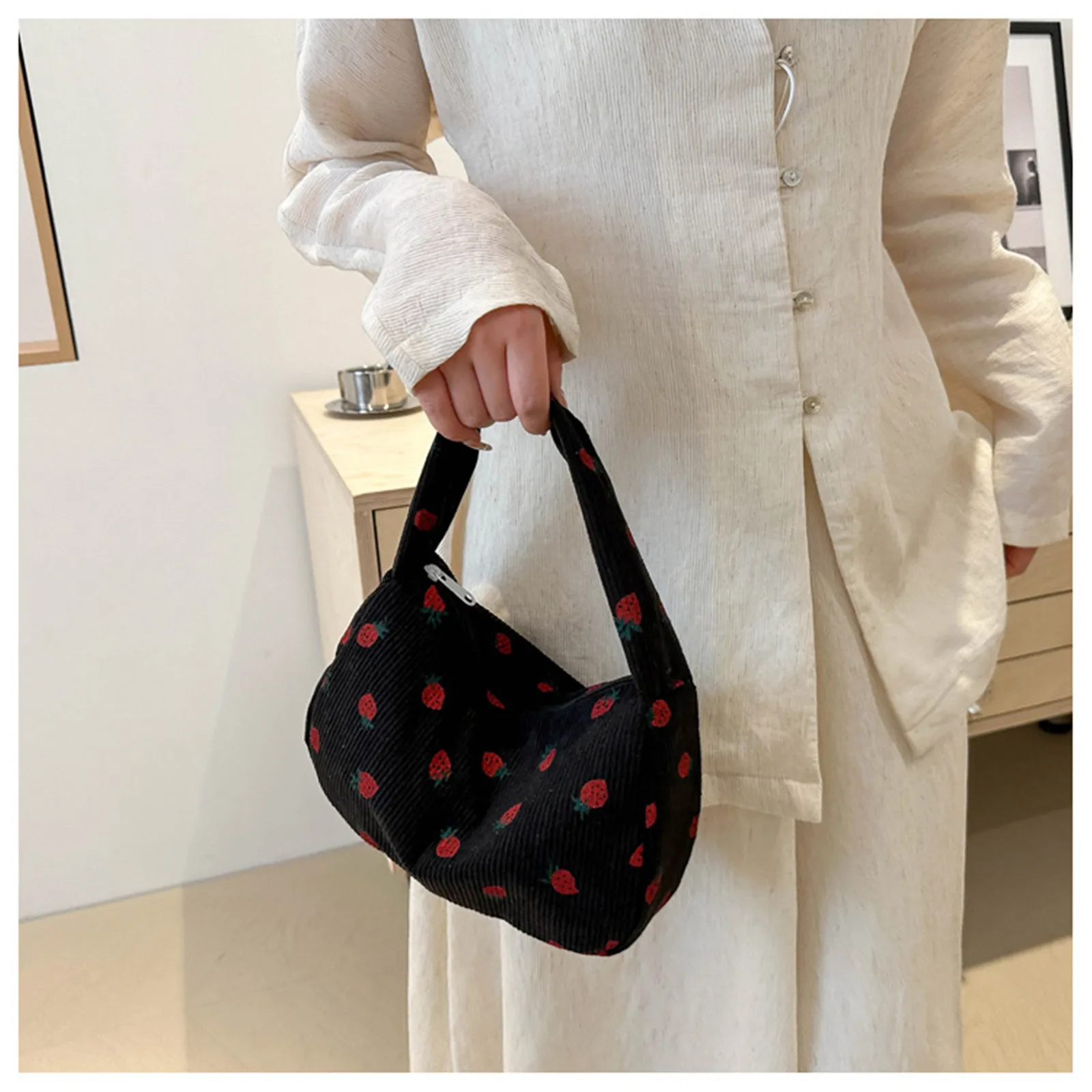 Women Small Corduroy Handbag Cute Strawberry Print Small Bag Underarm Bag Half Moon Design Eco Cloth Purse Mini Shoulder Bags