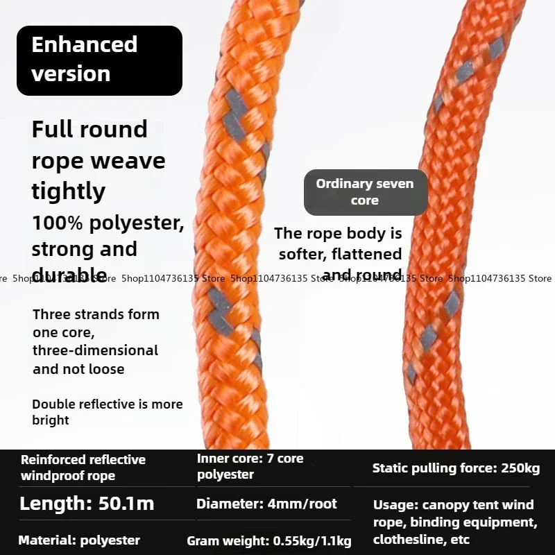 Windproof Outdoor Camping Tent Reflective Rope, Emergency Life-saving Camping Canopy Pull  4mm Round  Escape Rope