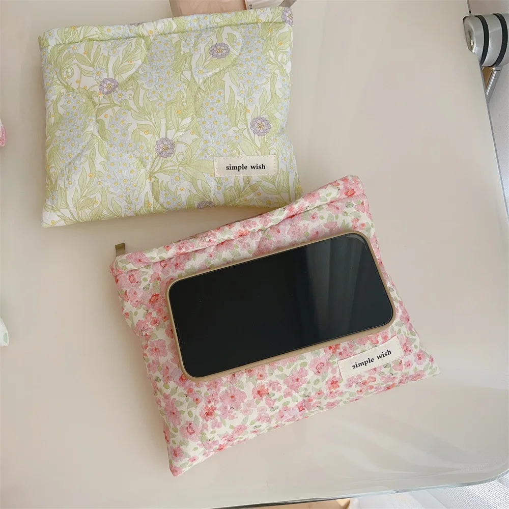 Square Flower Zipper Canvas Makeup Toiletries Organizer Bags Small Cotton Bath Washing Cosmetic Bag Mobile Phone Storage Bag