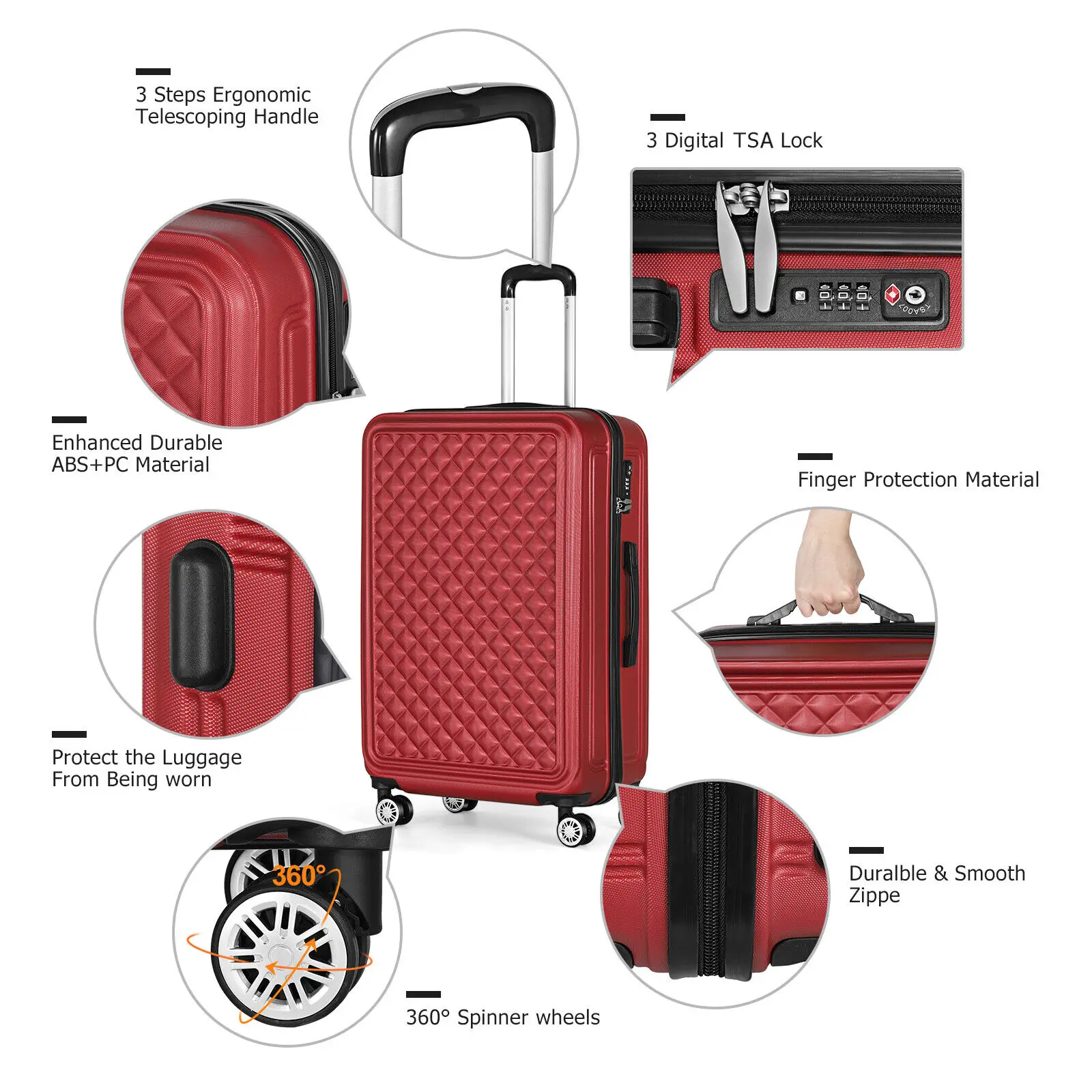 3 Stück rot Hard shell Reisegepäck Set abs Koffer mit Spinner Rad tsa 20/24/28 "Mode Familie Reisekoffer Set rot