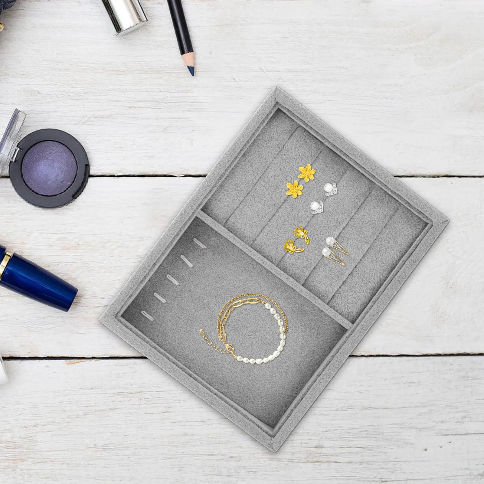 

Stackable Jewelry Display Tray for Rings Necklaces Earrings Bracelets Soft Interior Organizer Storage Box for Drawer Closet