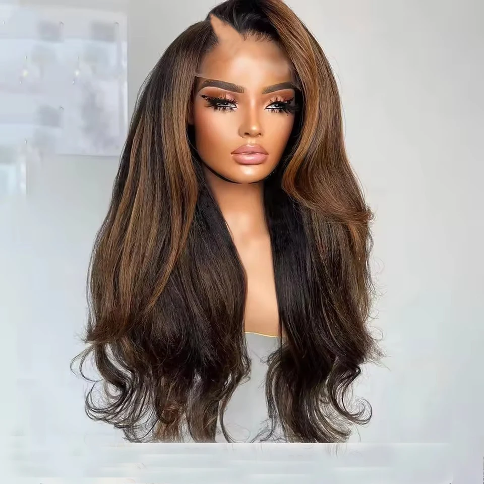 Highlight Chestnut Brown Blonde Kinky Straight V Part Wig 100% Human Hair Wig Yaki Straight U Part Wig No Glue Friendly Full End